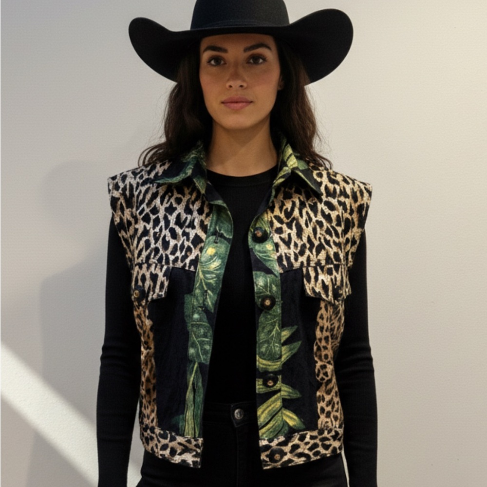 Cache' Embellished Y2K Denim Vest Black Leopard Jungle Print Western - Small